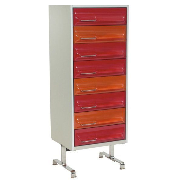 Raymond Loewy style tall dresser: Raymond Loewy style tall dresser, by Treco, Canada, eight red and orange plastic drawer fronts with metal handles, steel base, original finish, signed with stenciled Treco mark, 21.5"w x 20.75"d x 57.