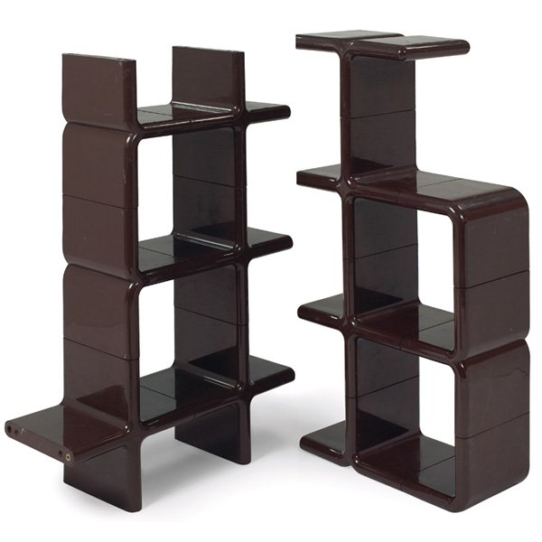 1960s molded plastic storage unit: 1960s molded plastic storage unit, Italy, two pieces, dark brown, composed of individual sections to allow for re-configuring, original finish, unsigned, at left: 32"w x 12"d x 48"h, at right: 25"w x 