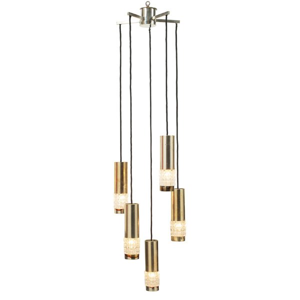Kaiser Leuchten hanging fixture: Kaiser Leuchten hanging fixture, Germany, five hanging shades with pressed glass inserts suspended from a five-point structure, brass-plated aluminum, original finish, overall: 15"dia x 57"h, signed, 