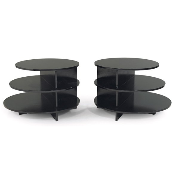 Eileen Gray style tables: Eileen Gray style tables, pair, three stacked wood circles that ascend in size bisected by vertical supports, cross-shaped bases, refinished, unsigned, bottom is 35.5"dia, top is 29.25" dia, height is