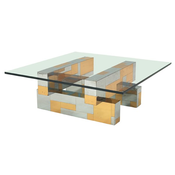 Paul Evans Cityscape coffee table: Paul Evans Cityscape coffee table, by Directional, patchwork chrome and brass, glass top, original finish, unsigned, 42"w x 42"d x 14.5"h, good original condition