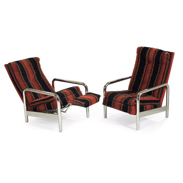 Milo Baughman reclining lounge chairs: Milo Baughman reclining lounge chairs, pair, by James, Inc., tubular chrome frames, original striped upholstery, each signed with James, Inc. Articulate Seating label, 26.5"w x 34"d x 39"h, fully open