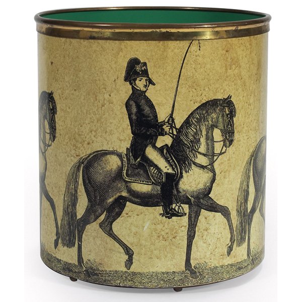 Piero Fornasetti waste basket: Piero Fornasetti waste basket, cream colored body with gold decoration of a Napoleonic figure, brass trim, signed with "Fornasetti Milano Made in Italy" paper label on bottom, 10.25"dia x 11"h, very g