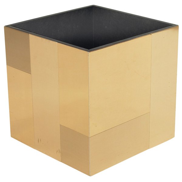 Paul Evans planter: Paul Evans planter, attribution, brass patchwork squares, black painted wood interior, original finish, unsigned, 15"w x 15"d x 15"h, bends to one corner, very good condition