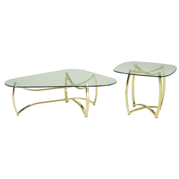 Adrian Pearsall style coffee table end table: Adrian Pearsall style coffee table and end table, attribution, brass-plated metal frames, glass tops, black plastic feet, unsigned, coffee table: 49"w x 32"d x 15.5"h, end table: 26"w x 26"d x 21"h, v