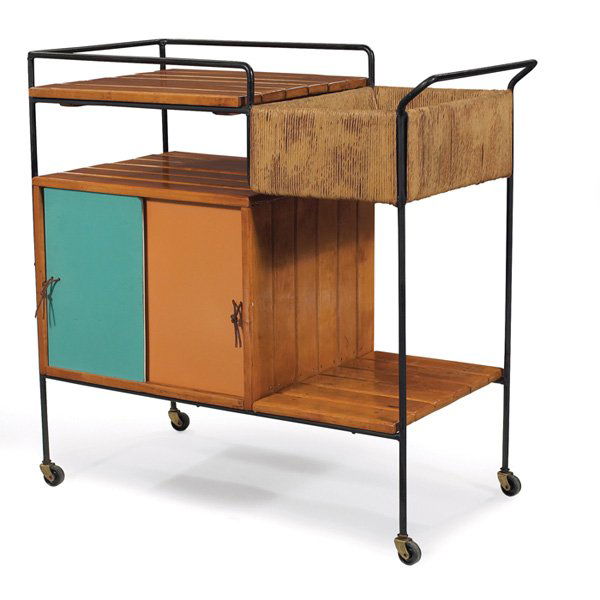 Arthur Umanoff cart: Arthur Umanoff cart, for Raymor, black rod frame on castors with wood slats, masonite sliding doors on both sides in orange and robin's egg blue, rush basket with white masonite bottom, 35"w x 17.75"d