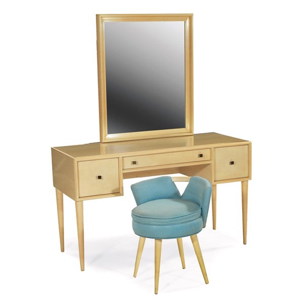 Paul Frankl desk vanity stool mirror: Paul Frankl desk/vanity, stool and mirror, by Johnson Furniture Company, vanity with three drawers with the original brass pulls, swiveling v-back stool with the original blue silk upholstery, origina