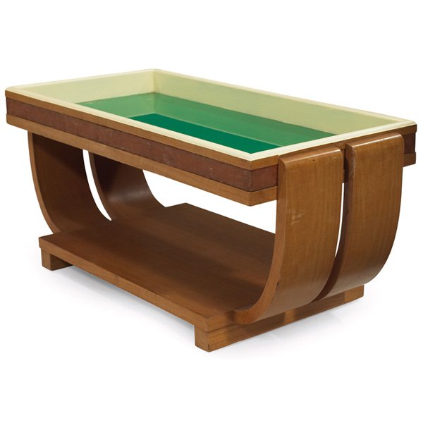 Art Deco cocktail table: Art Deco cocktail table, maker unknown, rectangular top supported by curved sides, interior of top finished with cream painted trim and a green glass bottom, leather trim to sides of top, refinished,