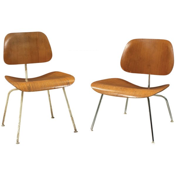 Charles & Ray Eames chairs: Charles & Ray Eames chairs, two, by Herman Miller, DCM of molded ash plywood on white legs, original finish, signed with black metal tag, 19.5"w x 20"d x 30"h, LCM of molded birch plywood on bright ch