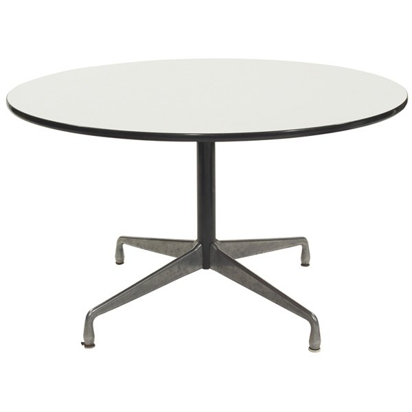 Charles & Ray Eames Universal base dining conference ta: Charles & Ray Eames Universal base dining or conference table, by Herman Miller, round top with white laminate surface, four-point arched aluminum base with nylon glides, 48"dia x 28"h, good original
