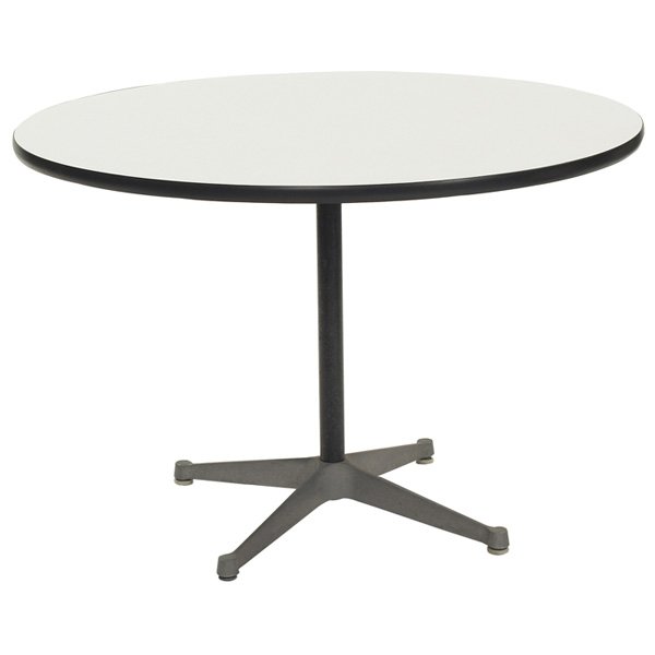 Charles & Ray Eames dining conference table: Charles & Ray Eames dining or conference table, by Herman Miller, round top with white laminate surface, four-point aluminum base with nylon glides, original finish, signed with rectangular black tag,