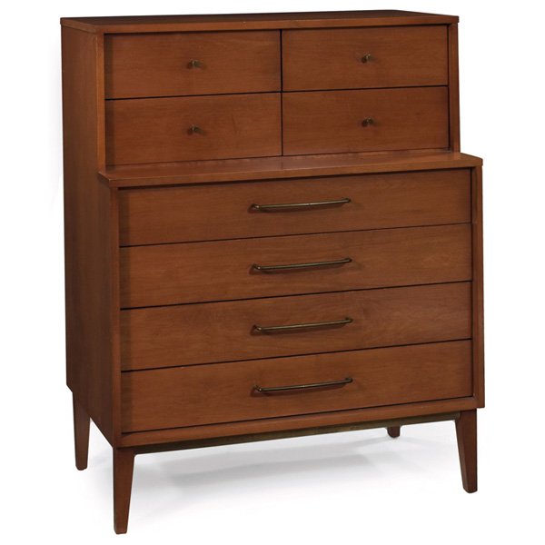 Milo Baughman tall dresser: Milo Baughman tall dresser, by Murray, 1950s, maple, eight drawers with the original brass pulls, brass trim along front bottom edge, tapered legs, original finish, unsigned, 36"w x 18"d x 44.5"h, ver