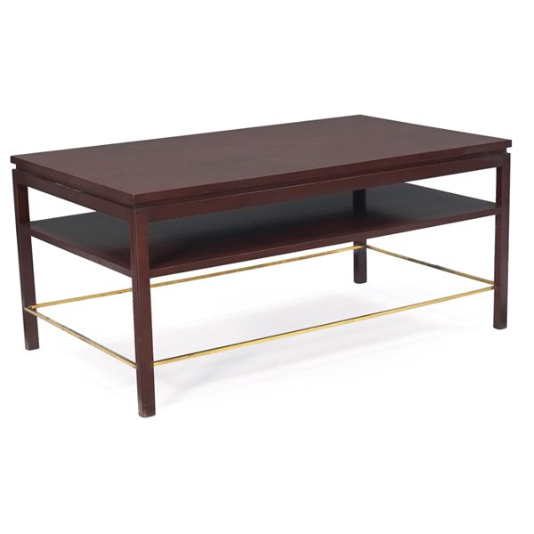 Edward Wormley coffee table: Edward Wormley coffee table, by Dunbar, large rectangular top over one shelf, brass stretchers, top is rosewood-patterned laminate, frame is mahogany, original finish, signed with rectangular brass ta