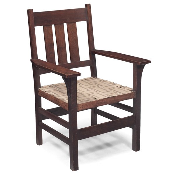 Gustav Stickley armchair #366: Gustav Stickley armchair, #366, three vertical slats at back, signed with red decal, some looseness, needs upholstery, lightly recoated original finish, 26.5"w x 23"d x 38.5"h, very good condition