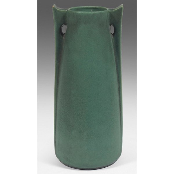 Teco vase green matte glaze #266: Teco vase, shape #266, two-handled form designed by W. B. Mundie, signed and numbered, covered in a green matte glaze, 5"w x 11"h