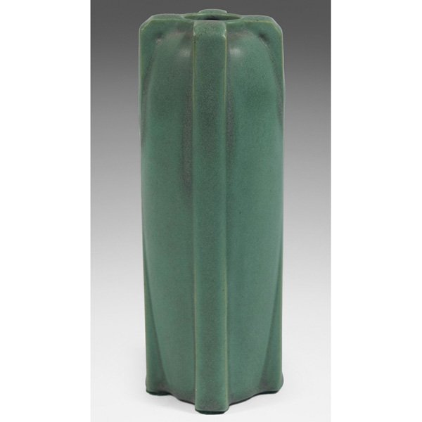 Teco vase green matte glaze #436: Teco vase, shape #436, buttressed form designed by W. D. Gates, signed, covered in a green matte glaze, 2.5"w x 7"h