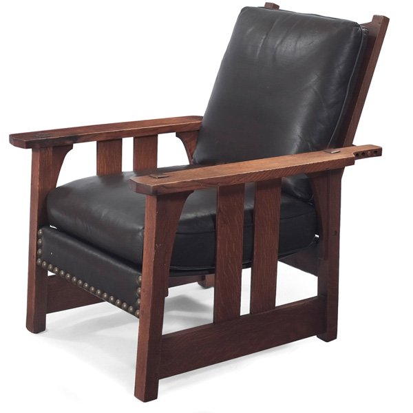Gustav Stickley Morris chair #2341: Early Gustav Stickley Morris chair, #2341, flat-arm form with two vertical slats and corbels at sides, recovered seat and back cushion, replaced sling seat, cleaned original finish, unsigned, 30"w x 3