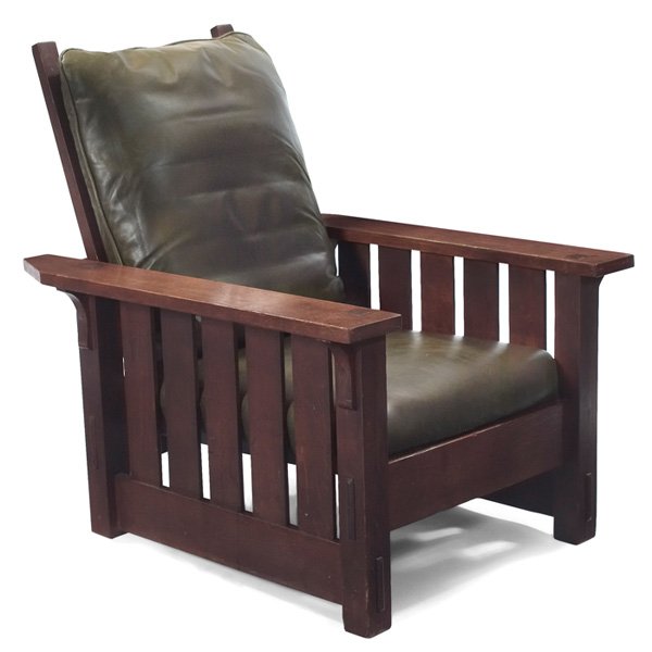 Gustav Stickley Morris chair #332 flat-arm form: Gustav Stickley Morris chair, #332, flat-arm form with vertical slats at sides, corbel supports and thru-tenon construction, recovered leather cushions, signed with red decal, original finish, 32"w x 