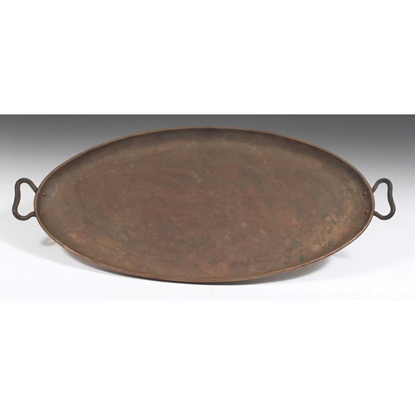 Gustav Stickley tray #355: Gustav Stickley tray, #355, two-handled oval form in hammered copper, worn original patina, signed, 23"l x 11"w