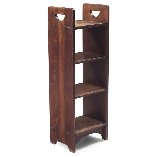 Gustav Stickley magazine stand #79: Gustav Stickley magazine stand, #79, four shelves above an arched rail supported by slab sides with cut-out at top and thru-tenon construction, some wear to original finish, unsigned, numbered, 14"w x