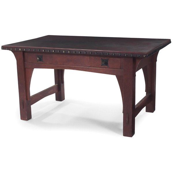 Gustav Stickley library table #409: Early Gustav Stickley library table, #409, rectangular top above two drawers with original star pulls and an inverted "V" rails and long corbels, good original finish, nicely replaced hard leather top