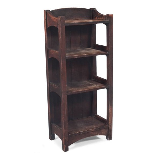 L & JG Stickley magazine stand #45: Early L & JG Stickley magazine stand, #45, four shelves with arched rails at side and base, chamfered board, worn finish, unsigned, numbered, 19"w x 12"d x 45"h, very good condition