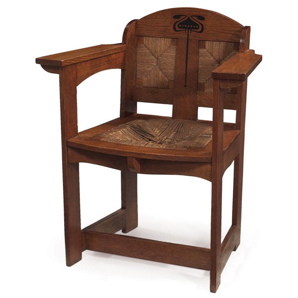 Arts & Crafts dining table: Arts & Crafts chair, designed by E. G. Punnett, executed by William Birch, c. 1901, sold by Liberty & Company, inlaid design at back with rush inserts and rush seat, worn original rush, recoated origi