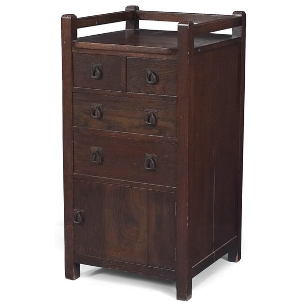 Stickley Brothers cabinet: Stickley Brothers cabinet, attribution, two half drawers above two full drawers and one door with original copper pulls, recoated finish, unsigned, 16.5"w x 16.5"d x 32"h, very good condition