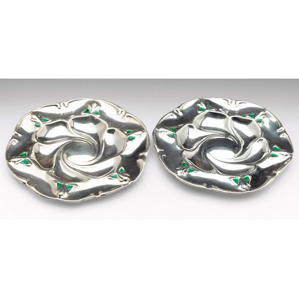 James Deakin dishes: James Deakin dishes, pair, sterling silver with repousse floral design and green enamel triangles, English, Chester, 1907, marked, 4"w