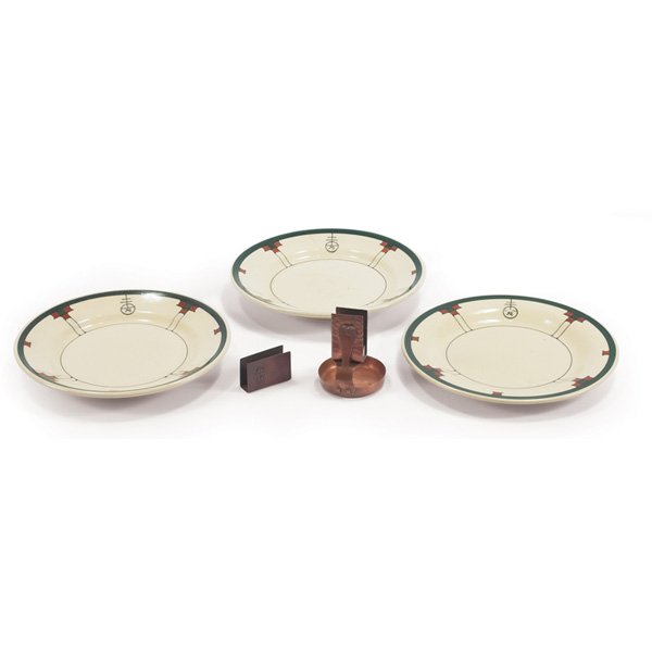 Roycroft/Buffalo Pottery plates: Roycroft/Buffalo Pottery plates, three, 10"dia, marked, damage to each plate, with Roycroft match holders, two, in hammered copper, both marked