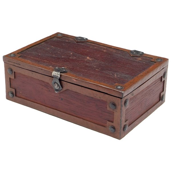 Josef Heinrich box: Josef Heinrich box, attribution, wood form with applied hammered copper and silver rivets, clasp and hinges, USA, c. 1910, marked COPPER AND SILVER, unsigned, 5.5"w x 2"h