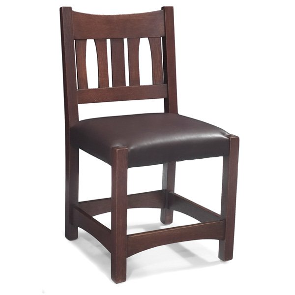 Gustav Stickley desk chair #2610: Early Gustav Stickley desk chair #2610, flared vertical slats at back over a recovered leather seat, original finish, unsigned, 17.5"w x 17.5"d x 32"h, very good condition