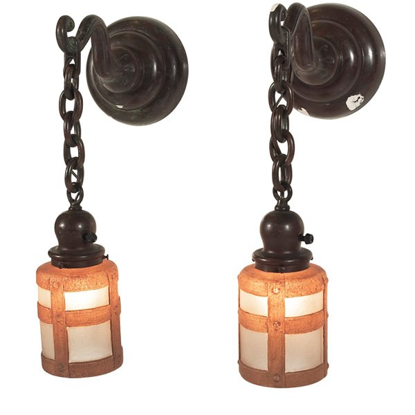 Good Handel sconces: Good Handel sconces, pair, obverse-painted geometric design with original chain and caps, unsigned, original patina, 5.5"w x 10"d x 16.5"h