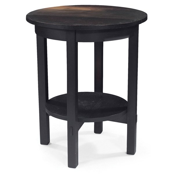 L & JG Stickley lamp table #540: L & JG Stickley lamp table, #540, circular top above a lower shelf supported by an arched cross-stretcher base with thru-tenon construction, original finish with wear to top, signed with Handcraft dec