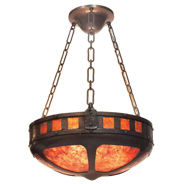 Aurora Studios Michael Adams Bungalow hanging fixture: Aurora Studios/Michael Adams Bungalow hanging fixture, in hammered and riveted copper with mica inserts, original chain and ceiling cap, signed and dated May 1996, 24"dia x 33"h