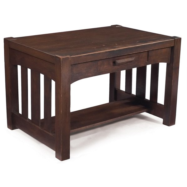 Arts & Crafts library table: Arts & Crafts library table, shortened form with a single drawer and slatted sides, chip to handle, worn original finish, 42.5"w x 28.5"d x 27"h, good condition