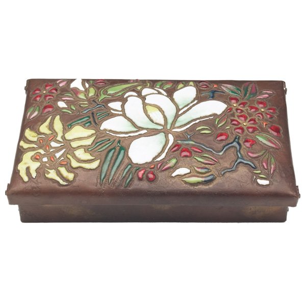 Good Japanese moriage and uchidashi box: Good Japanese moriage and uchidashi box, probably from the Taisho Period, copper with an elaborate and colorful floral design on lid, unmarked, attributed to Ando Jubei, original patina, 7”w x 1.5��