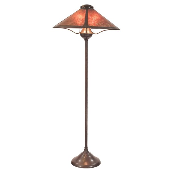 Michael Adams floor lamp mica shade hammered riveted co: Michael Adams floor lamp, contemporary, mica shade held on a hammered and riveted copper base, base signed, 26"dia x 63"h, very good condition