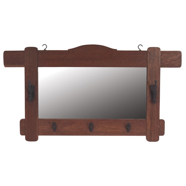 Stickley Brothers hall mirror: Stickley Brothers hall mirror, #7574, notched hump back above a rectangular mirror and iron hooks, chain missing, original finish, unsigned, numbered, 38"w x 4.5"d x 22"h, very good condition