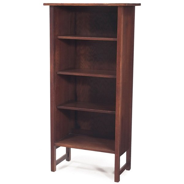 Gustav Stickley bookcase Harvey Ellis: Unusual Gustav Stickley bookcase, un-cataloged form, Harvey Ellis influenced open door form with four shelves, signed with red decal, fine original finish, top lightly cleaned, 27"w x 13.5"d x 54"h, v