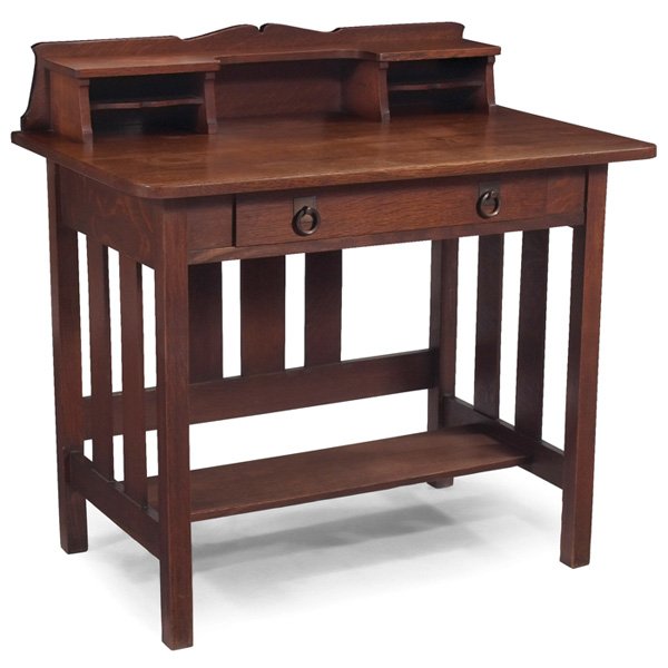 Stickley Brothers desk #171: Stickley Brothers desk, #171, letter racks at back above a single drawer with original pulls, slatted back and sides, original finish, signed with Quaint metal tag, 36"w x 23"d x 36"h, very good condi