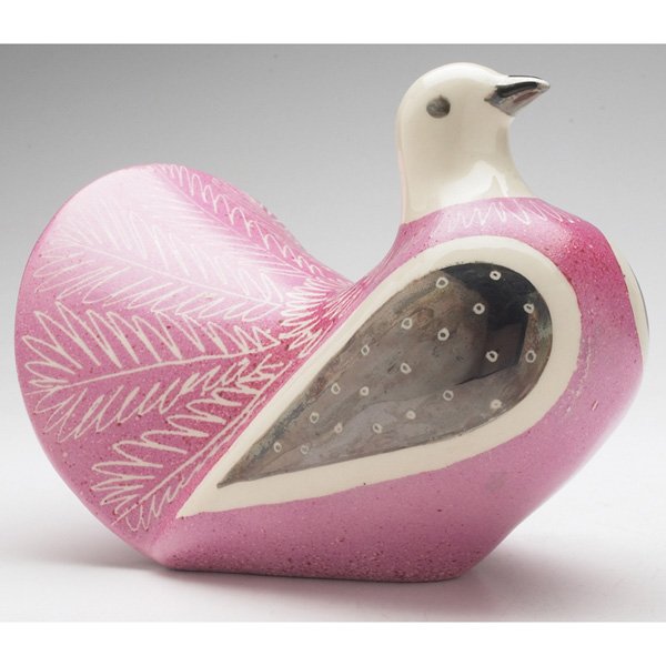 Waylande Gregory sculpture: Waylande Gregory sculpture, fan-tailed pigeon, covered in pink, white and brown glazes, signed, 10"w x 8"h