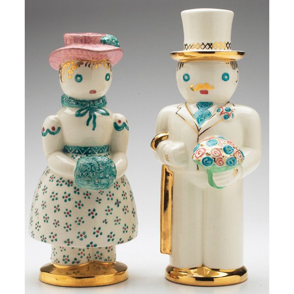 Waylande Gregory lamp bases: Waylande Gregory lamp bases, two, man and woman, colorfully painted, gold accents, both signed, largest is: 4.5"w x 11"h