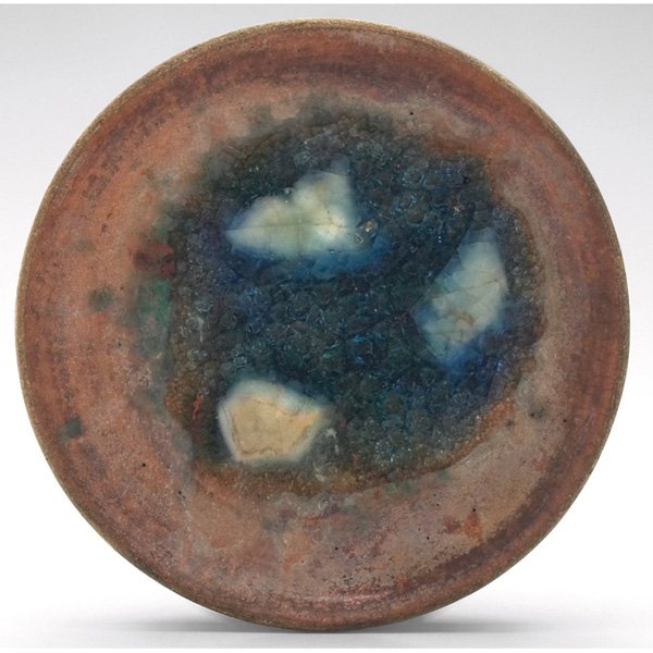 Waylande Gregory bowl: Waylande Gregory bowl, a fusion of ceramic and glass to center of a stoneware body, colorful abstract design, signed, 6.5"w x 1.5"h