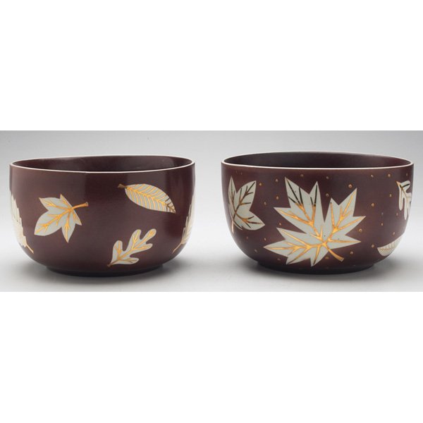 Waylande Gregory bowls: Waylande Gregory bowls, pair, decorated with several different leaves in white and gold against a brown ground, one signed, 7.5"w x 4.5"h