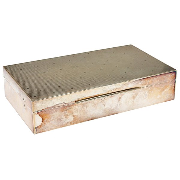 Art Deco box: Art Deco box, silver-wrapped wood, tooled line and dot pattern to lid, French, c. 1930, marked T Fres., 7"l x 1.5"h