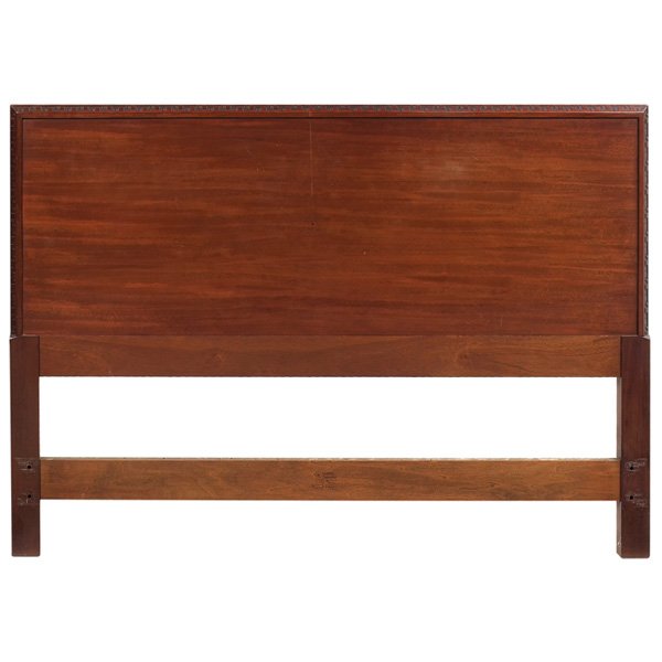 Frank Lloyd Wright headboard: Frank Lloyd Wright headboard, manufactured by Heritage Henredon, full-size with Taliesin design at edges, original finish, script signature, 54"w x 39"h, very good condition