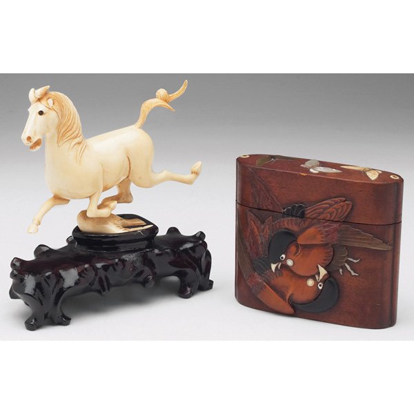 Asian sculpture: Asian sculpture, carved ivory horse and bird on wooden stand, overall: 5"w x 5.5"h; with a Japanese inro, wooden form with carved and applied bird motif in different types of wood, ivory and abalone,