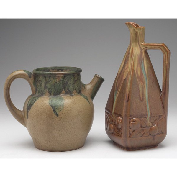 Denbac handled vessel: Denbac handled vessel, attribution, bulbous shape in a gres flamme glaze, decorated with roosters at top, marked, 7.5"w x 5.5"h; with a Denbac handled vessel, attribution, triangular shape in a gres f