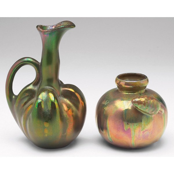 Montieres ewer: Montieres ewer, lobed organic form, covered in a green metallic glaze with yellow iridescence, 4.5"w x 7"h; with a Jean Barol vase, bulbous shape with a pine cone in relief, covered with a colorful me